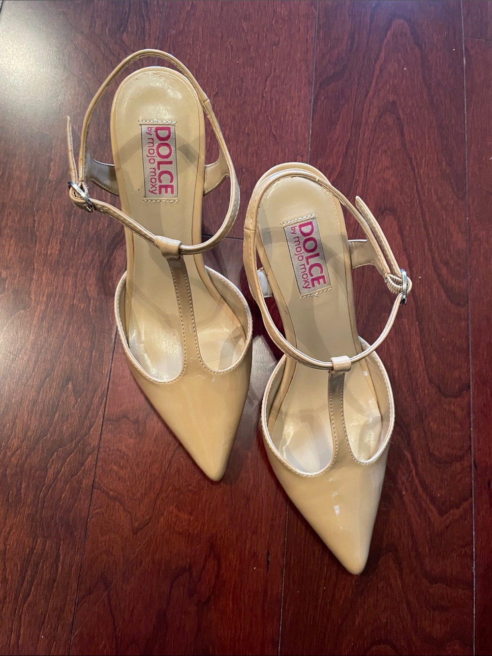 Dolce beige T-strap heels, silver buckle, 3.5” heel, size 7.5, great condition